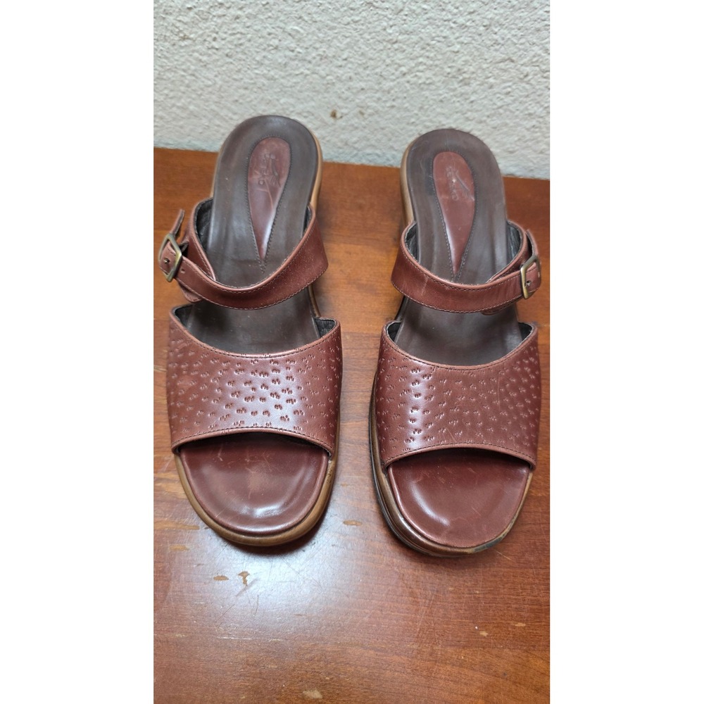 Dansko Leather Wedge Sandals Womens 41 Brown Perforated Slide Made in Portugal